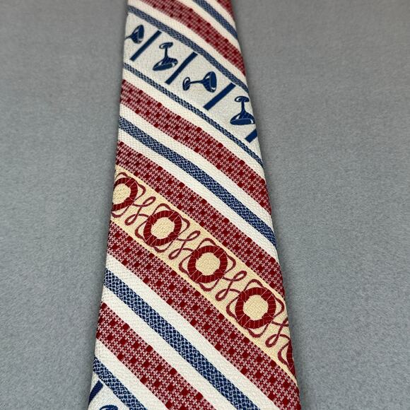 Vintage Mens Tie Red White Blue Geometric Nautical Print Wide 80s Retro NeckTie - Picture 3 of 7